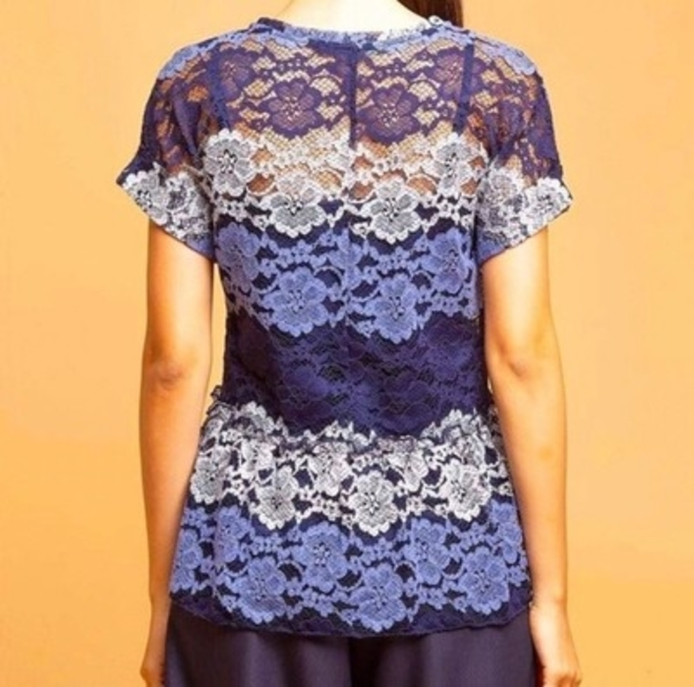 Eva Franco Peplum Top M Striped Lace Floral Short Sleeve USA Made Excellent - Picture 7 of 9